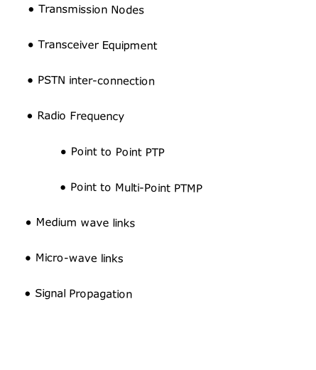 Transmission Nodes
Transceiver Equipment
PSTN inter-connection
Radio Frequency 
Point to Point PTP
Point to Multi-Point PTMP
Medium wave links
Micro-wave links
Signal Propagation

